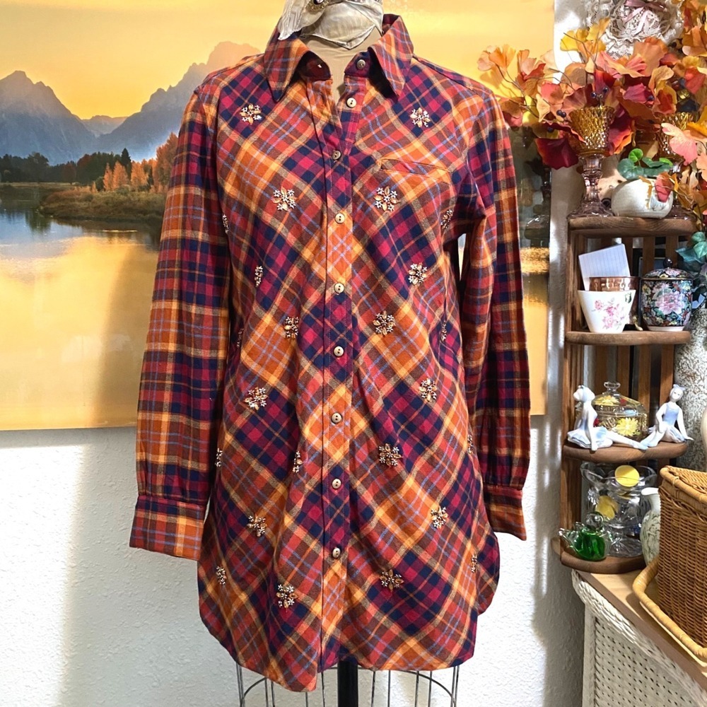 Soft Surroundings shirt Cottagecore Plaid Flannel Women Embellished M Orange